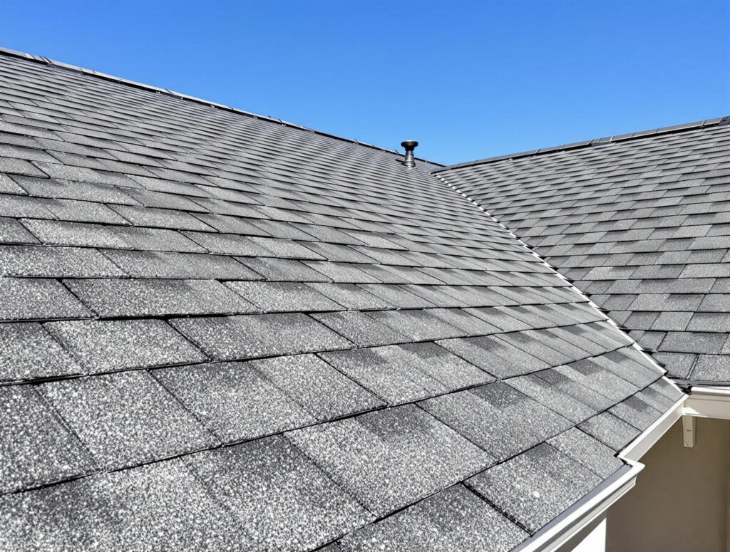 Newly installed charcoal architectural asphalt shingle roof on a Southern California home